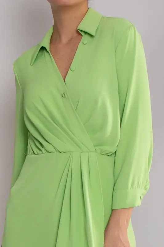 61853 Long Sleeve Draped Short Dress-A.PISTACHIO - 3