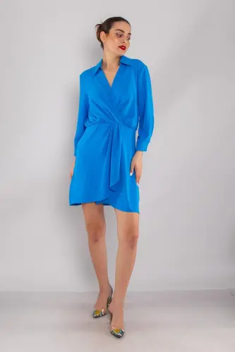 61853 Long Sleeve Draped Short Dress-BLUE 