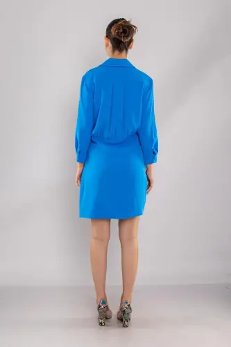 61853 Long Sleeve Draped Short Dress-BLUE - 4