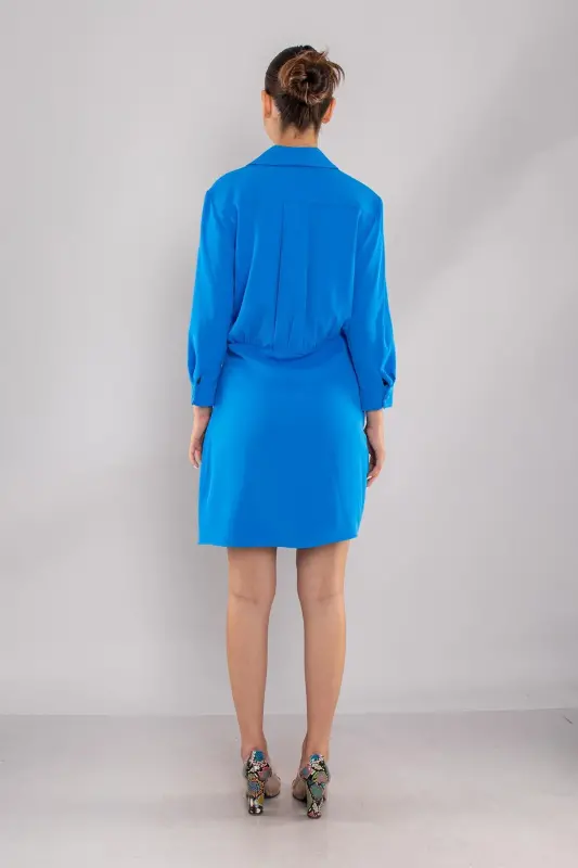 61853 Long Sleeve Draped Short Dress-BLUE - 4