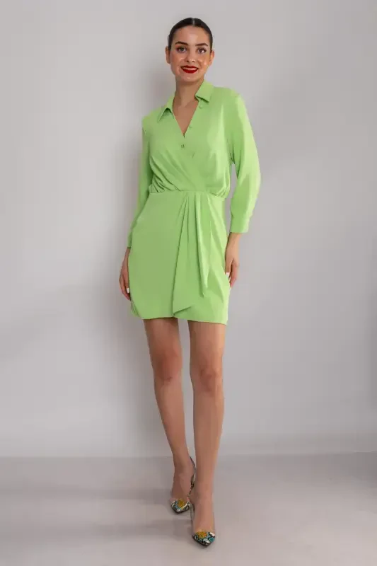 61853 Long Sleeve Draped Short Dress-ECRU - 2