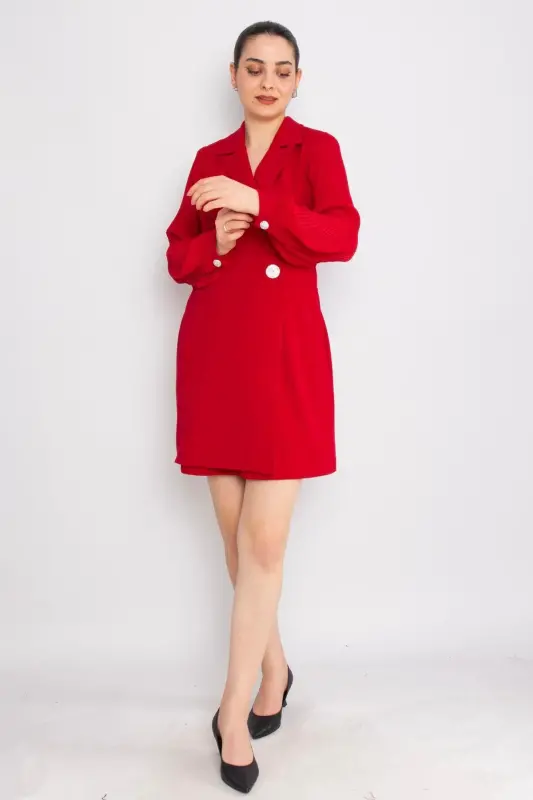 61891 Pleated Sleeve Crossover Collar Brooch Detail Flap Pocket Short Crepe Dress-RED - 1