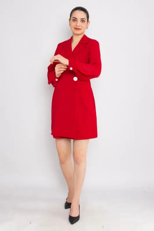 61891 Pleated Sleeve Crossover Collar Brooch Detail Flap Pocket Short Crepe Dress-RED - 3