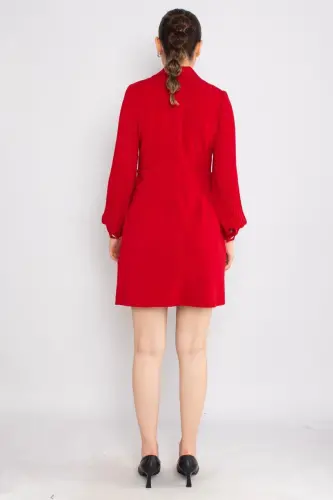 61891 Pleated Sleeve Crossover Collar Brooch Detail Flap Pocket Short Crepe Dress-RED - 4