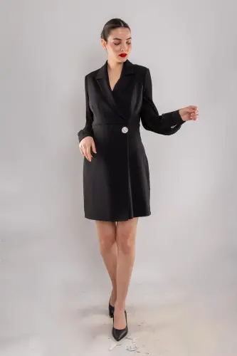 61891 Pleated Sleeve Crossover Collar Brooch Detailed Short Crepe Dress with Flap-BLACK 