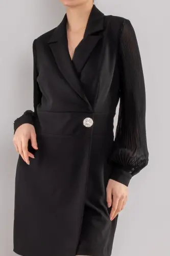 61891 Pleated Sleeve Crossover Collar Brooch Detailed Short Crepe Dress with Flap-BLACK - 3