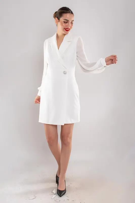 61891 Pleated Sleeve Wrap Neck Brooch Detail Short Crepe Dress - 1