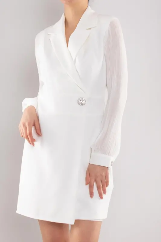 61891 Pleated Sleeve Wrap Neck Brooch Detail Short Crepe Dress - 3