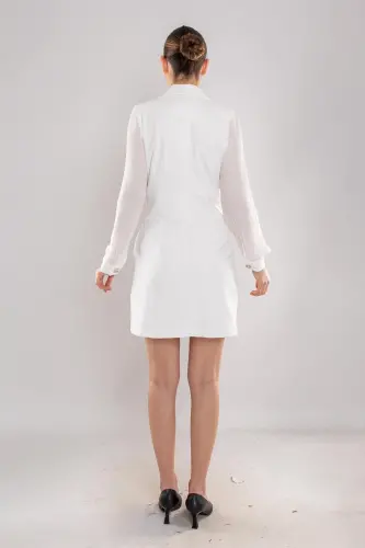 61891 Pleated Sleeve Wrap Neck Brooch Detail Short Crepe Dress - 4