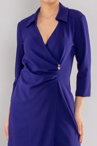 61895 Beli Lastik Yandan Drape Truvakar Kol Yakalı Krep Elbise - MORCİVERT - 3