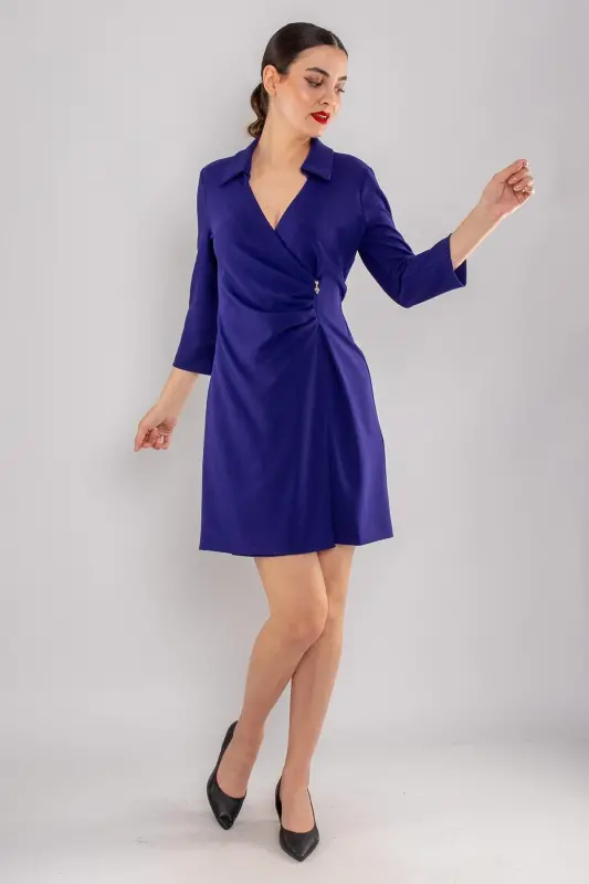 61895 Crepe Dress with Elastic Waist, Side Drape and Bishop Sleeves - 2