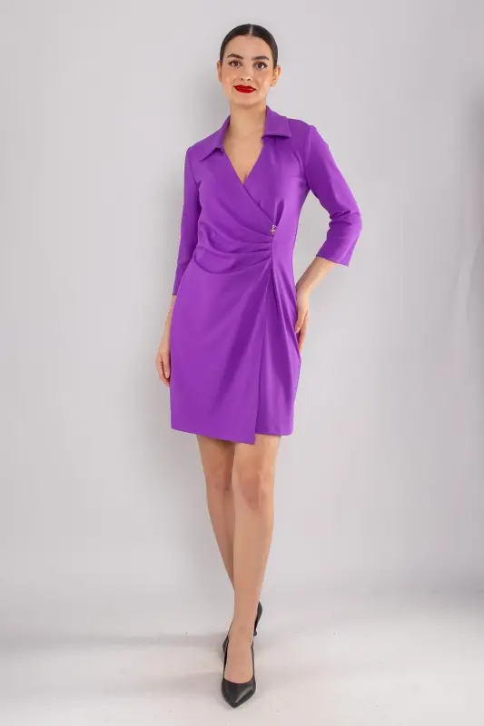 61895 Dress Crepe High Neck Flutter Sleeve Side Drape Waistband - 2