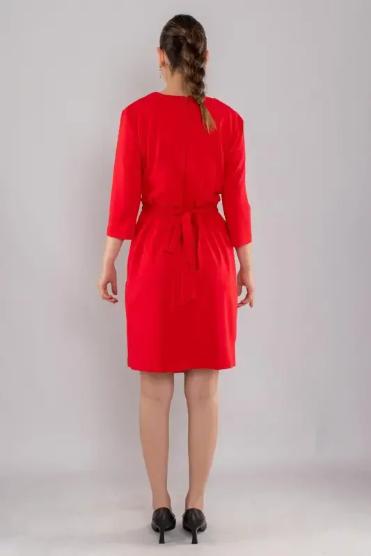 61988 Wrap Neck Sash Tie Short Crepe Dress - AYHAN