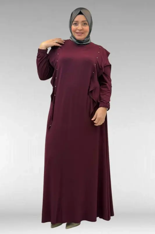 62003 Büyük Beden Omuzdan Aşağı Fırfır Detaylı Penye Elbise - Bordo - BÜYÜKBEDENIZ