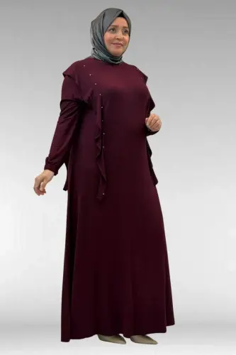 62003 Büyük Beden Omuzdan Aşağı Fırfır Detaylı Penye Elbise - Bordo - 3