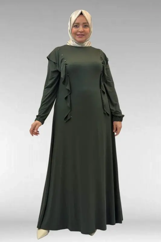 62003 Büyük Beden Omuzdan Aşağı Fırfır Detaylı Penye Elbise - Haki - 1