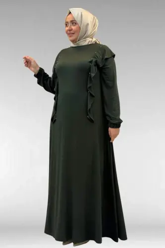 62003 Büyük Beden Omuzdan Aşağı Fırfır Detaylı Penye Elbise - Haki - 3