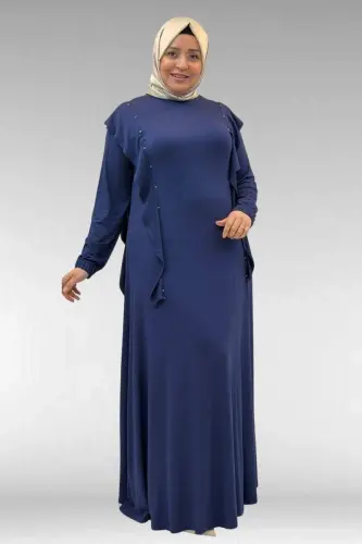 62003 Büyük Beden Omuzdan Aşağı Fırfır Detaylı Penye Elbise - İndigo - 1