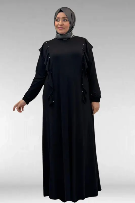 62003 Büyük Beden Omuzdan Aşağı Fırfır Detaylı Penye Elbise - Siyah - 3