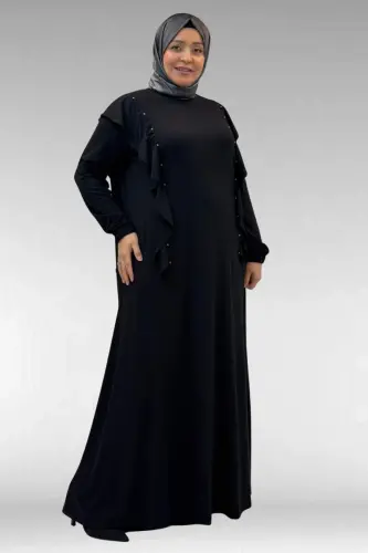 62003 Büyük Beden Omuzdan Aşağı Fırfır Detaylı Penye Elbise - Siyah - 1