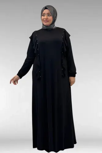 62003 Büyük Beden Omuzdan Aşağı Fırfır Detaylı Penye Elbise - Siyah - 3