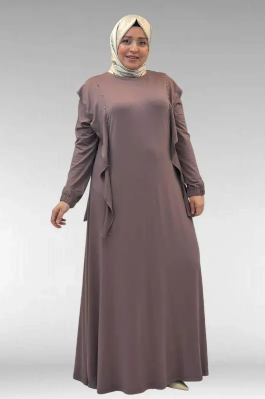 62003 Büyük Beden Omuzdan Aşağı Fırfır Detaylı Penye Elbise - Vizon - 1