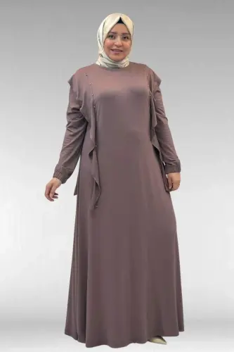 62003 Büyük Beden Omuzdan Aşağı Fırfır Detaylı Penye Elbise - Vizon - 1