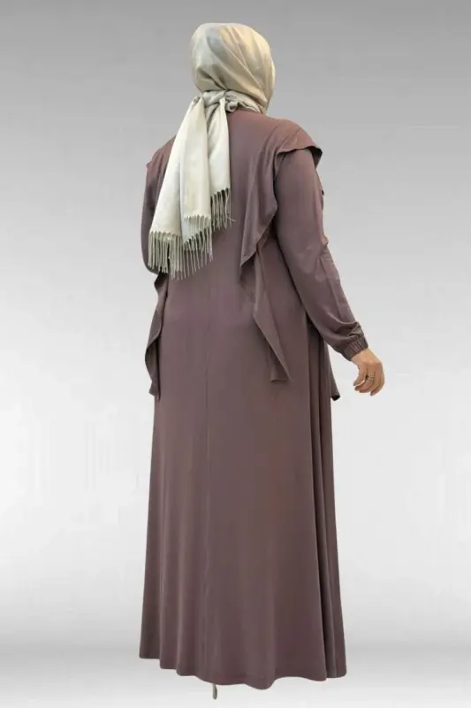 62003 Büyük Beden Omuzdan Aşağı Fırfır Detaylı Penye Elbise - Vizon - 3