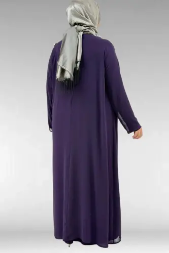 62004 Büyük Beden Taş Baskılı Sandy-Şifon Elbise - Mor - 3