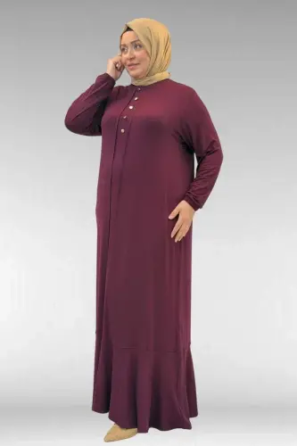 62006 Büyük Beden Önü Çıma Detaylı Penye Elbise - Bordo - 2