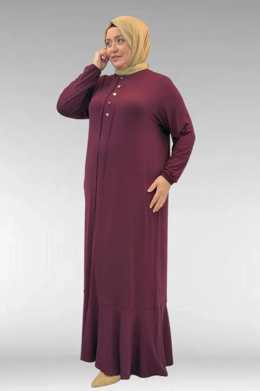 62006 Büyük Beden Önü Çıma Detaylı Penye Elbise - Bordo - 2