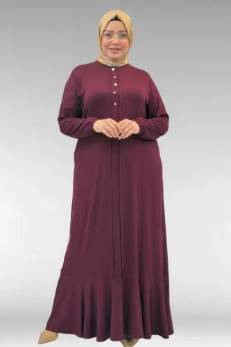 62006 Büyük Beden Önü Çıma Detaylı Penye Elbise - Bordo - 3