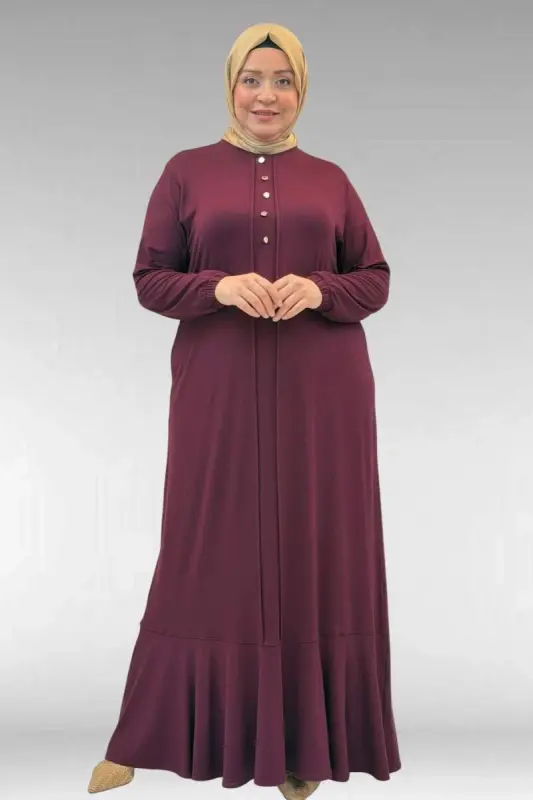 62006 Büyük Beden Önü Çıma Detaylı Penye Elbise - Bordo - 3