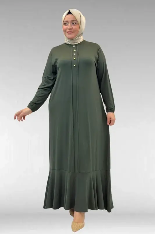 62006 Büyük Beden Önü Çıma Detaylı Penye Elbise - Haki - BÜYÜKBEDENIZ