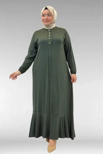 62006 Büyük Beden Önü Çıma Detaylı Penye Elbise - Haki - 1