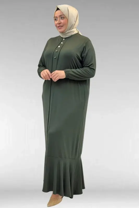 62006 Büyük Beden Önü Çıma Detaylı Penye Elbise - Haki - 2