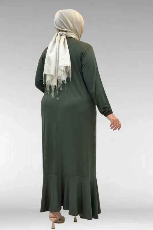 62006 Büyük Beden Önü Çıma Detaylı Penye Elbise - Haki - 3