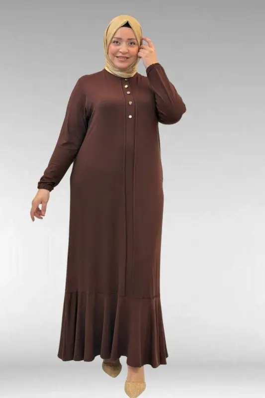 62006 Büyük Beden Önü Çıma Detaylı Penye Elbise - Kahve - 1