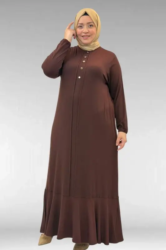 62006 Büyük Beden Önü Çıma Detaylı Penye Elbise - Kahve - 2