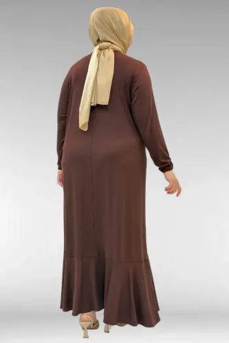 62006 Büyük Beden Önü Çıma Detaylı Penye Elbise - Kahve - 3