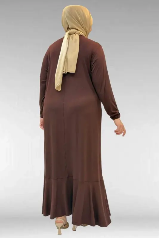 62006 Büyük Beden Önü Çıma Detaylı Penye Elbise - Kahve - 3