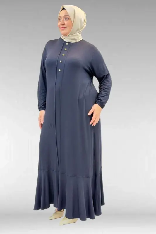 62006 Büyük Beden Önü Çıma Detaylı Penye Elbise - Koyu Lacivert - 2
