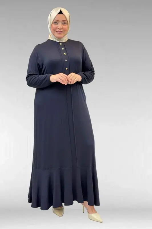 62006 Büyük Beden Önü Çıma Detaylı Penye Elbise - Koyu Lacivert - BÜYÜKBEDENIZ