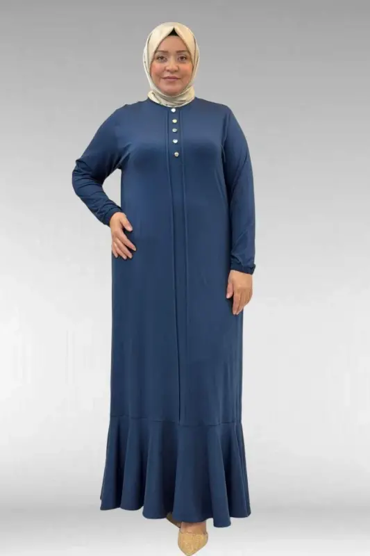 62006 Büyük Beden Önü Çıma Detaylı Penye Elbise - Petrol - BÜYÜKBEDENIZ