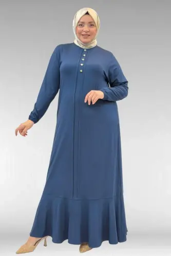 62006 Büyük Beden Önü Çıma Detaylı Penye Elbise - Petrol - 3