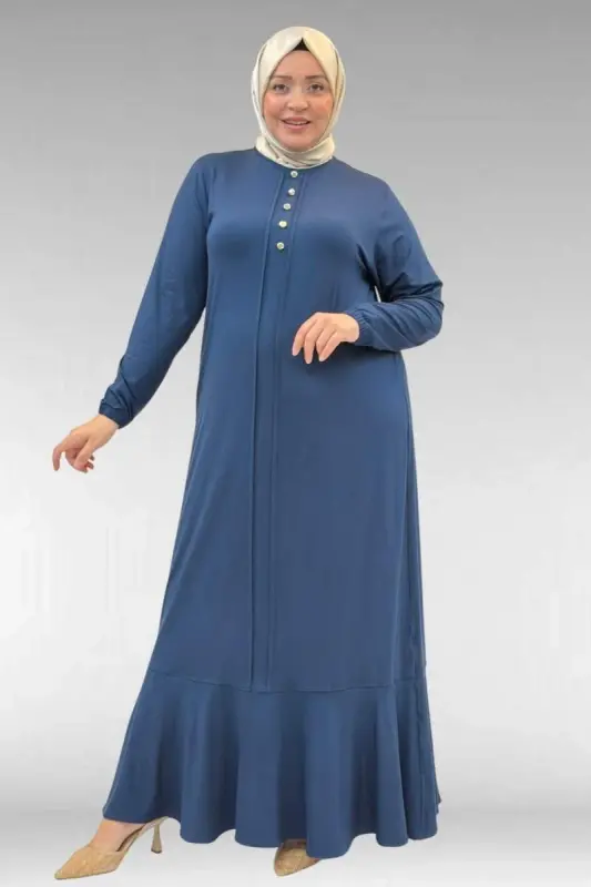 62006 Büyük Beden Önü Çıma Detaylı Penye Elbise - Petrol - 3