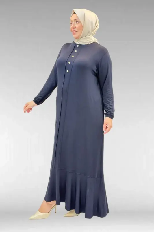 62006 Katta o'lchamli, old qismi chok detallari bilan bezatilgan trikotaj ko'ylak - To'q ko'k rang - 3