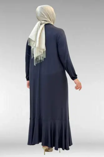 62006 Katta o'lchamli, old qismi chok detallari bilan bezatilgan trikotaj ko'ylak - To'q ko'k rang - 4