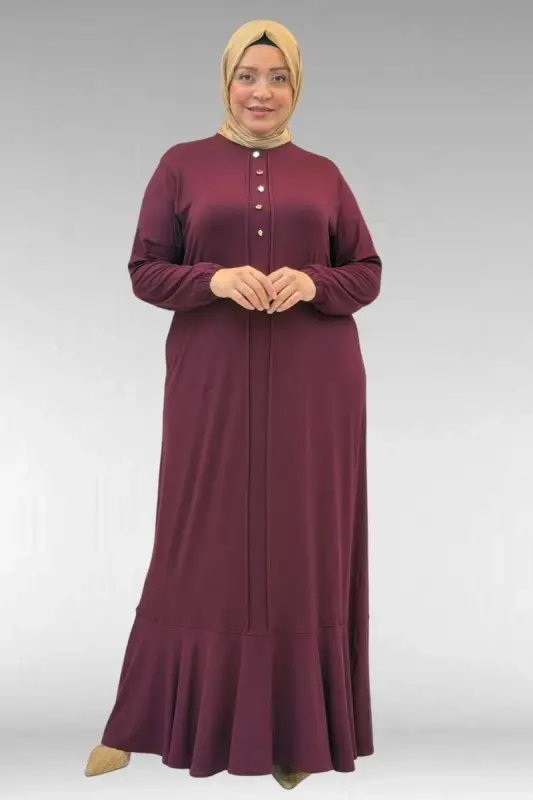 62006 Plus Size Combed Cotton Dress with Stitch Detail on the Front - Burgundy - BÜYÜKBEDENIZ