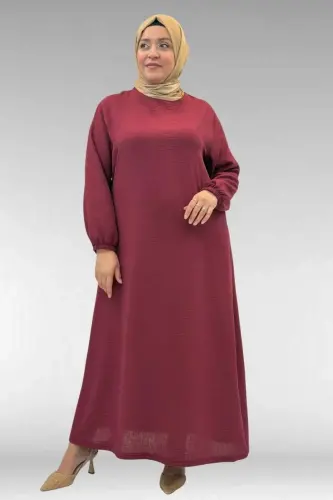 62007 Büyük Beden Kolu Lastikli Elbise - Bordo - 1